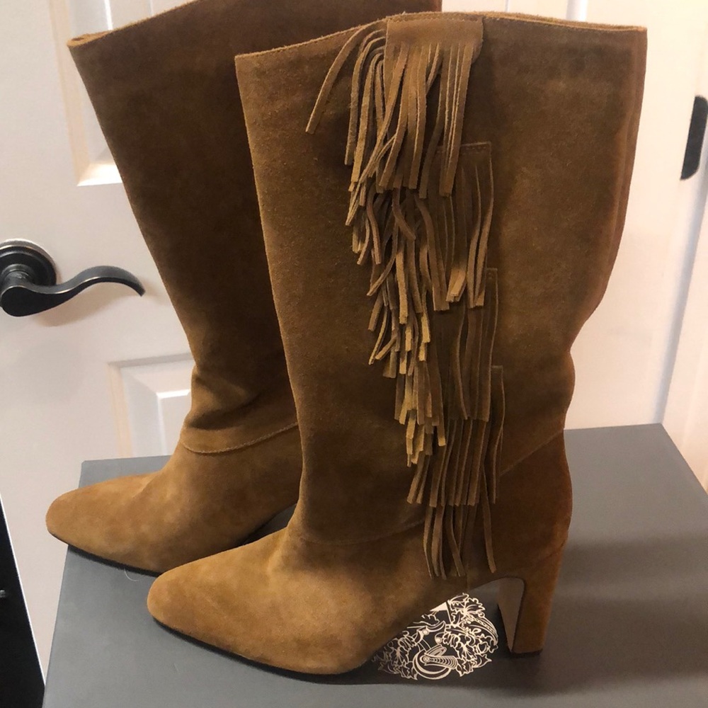 Vince Camuto Cognac colored suede boots W/ fringes on side. Worn once size 10
